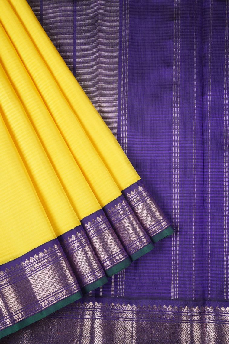 Lemon Yellow Kanchipuram Silk Sarees with Without Zari Zari Plain view 1