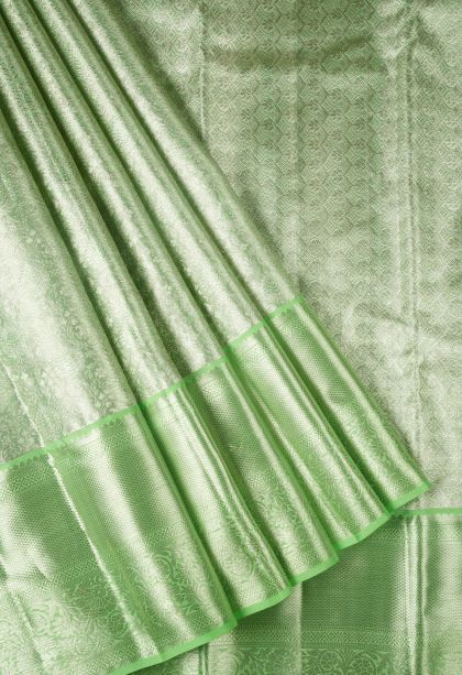 Lime Green Kanchipuram Silk Sarees with Silver Zari Floral Patterns