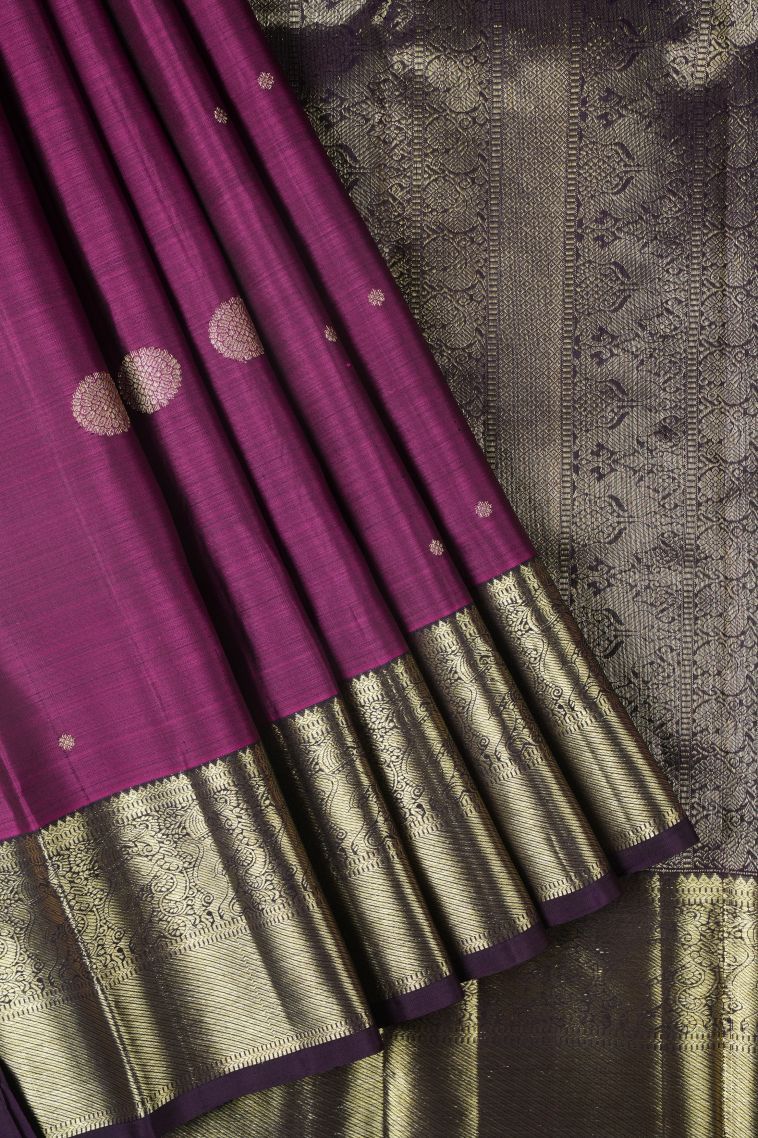 Magenta Purple Kanchipuram Silk Sarees with Gold Zari Buttis (small Dots Or Motifs) view 1