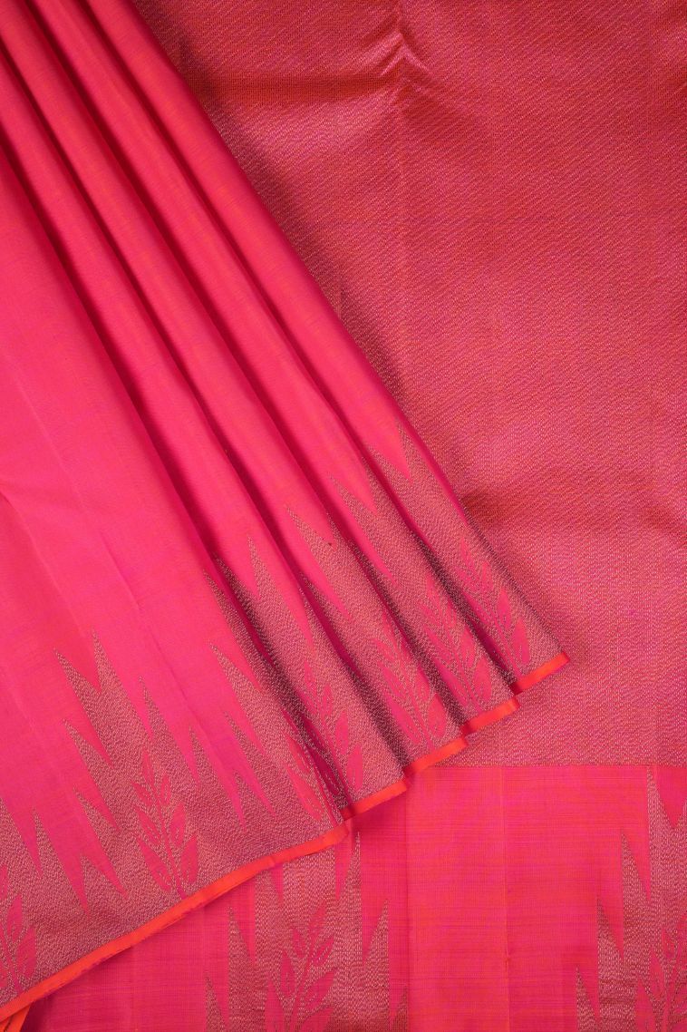 Strawberry Pink Kanchipuram Silk Sarees with Gold Zari Plain view 1