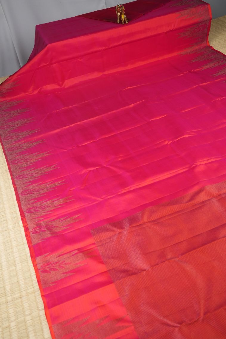 Strawberry Pink Kanchipuram Silk Sarees with Gold Zari Plain view 2