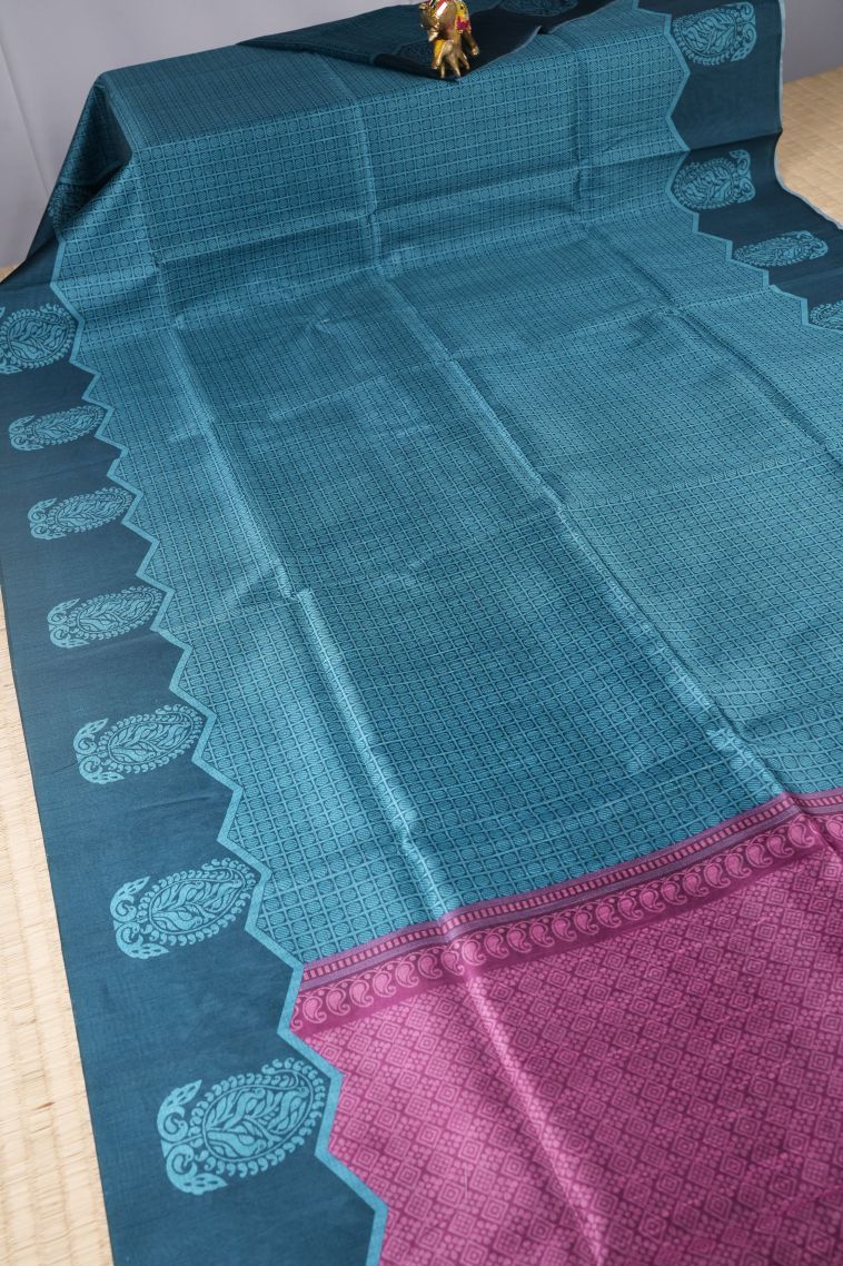 Ocean Blue Tussar Saree with Without Zari Zari Geometric Shapes view 2