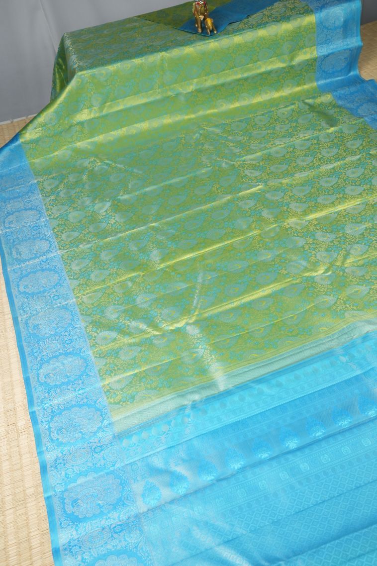 Lime Green Kanchipuram Silk Sarees with Gold Zari Floral Patterns view 2