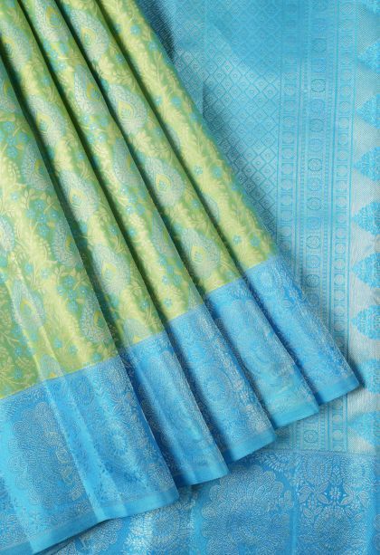 Lime Green Kanchipuram Silk Sarees with Gold Zari Floral Patterns