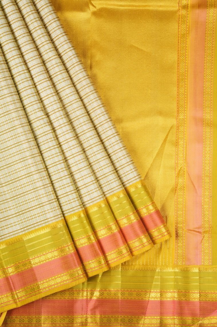 Sandollar Yellow Kanchipuram Silk Sarees with Gold Zari Stripes view 1