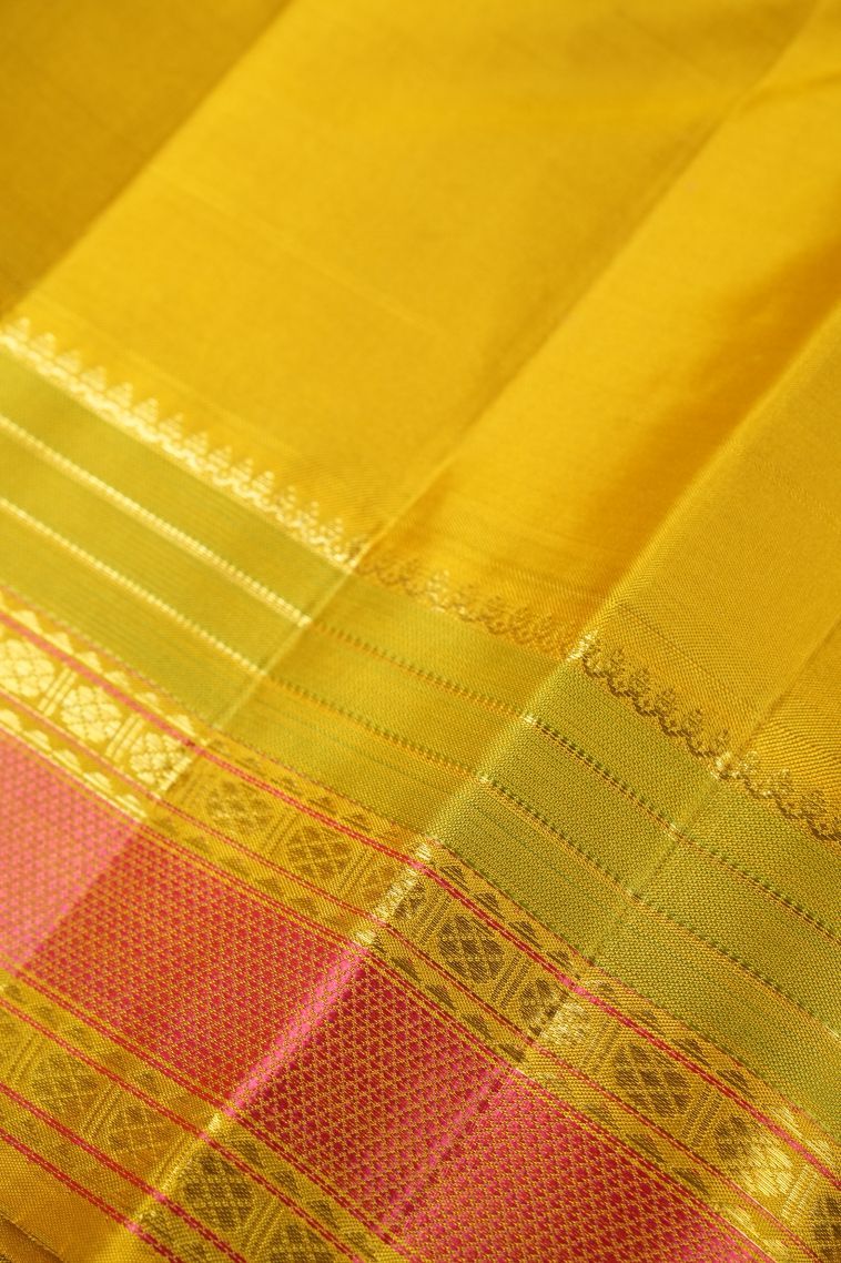 Sandollar Yellow Kanchipuram Silk Sarees with Gold Zari Stripes view 3
