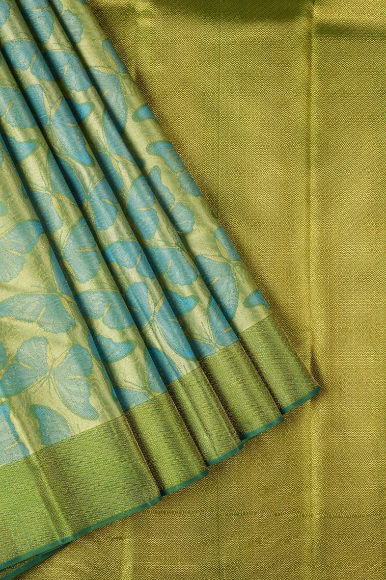 Olive Green Kanchipuram Silk Sarees with Gold Zari Animal And Bird Motifs view 1