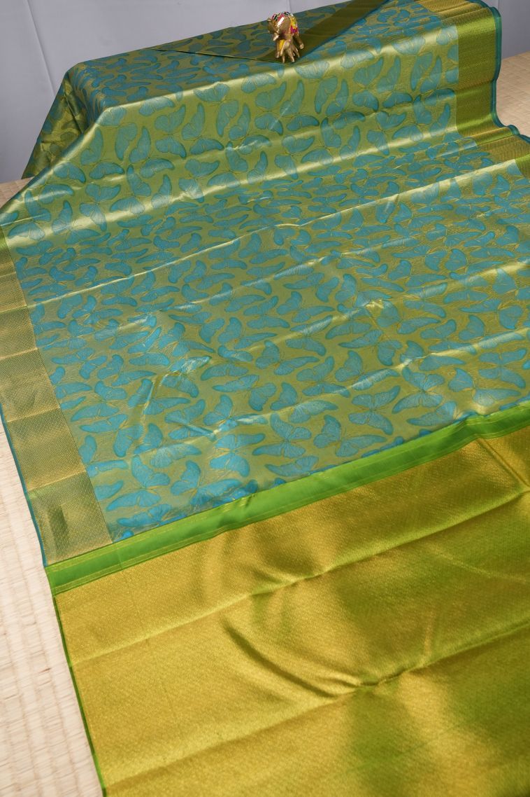Olive Green Kanchipuram Silk Sarees with Gold Zari Animal And Bird Motifs view 2