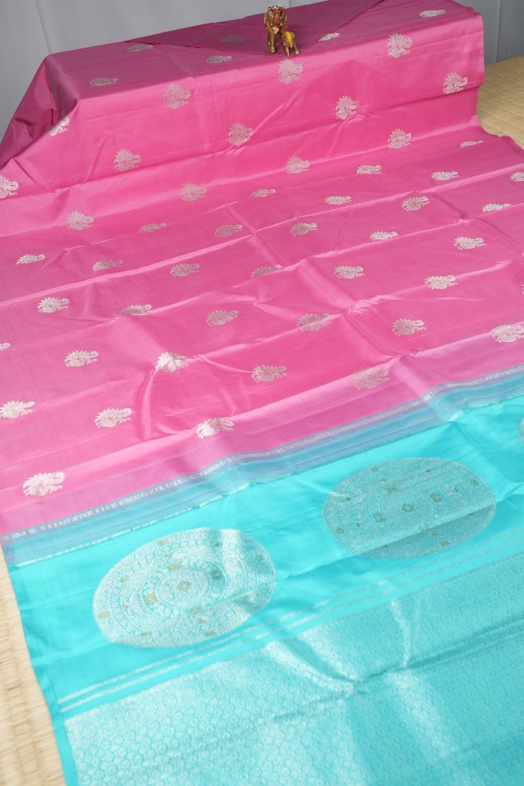 Taffy Pink Kanchipuram Silk Sarees with Silver Zari Peacock Motifs view 2