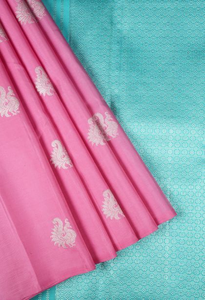 Taffy Pink Kanchipuram Silk Sarees with Silver Zari Peacock Motifs