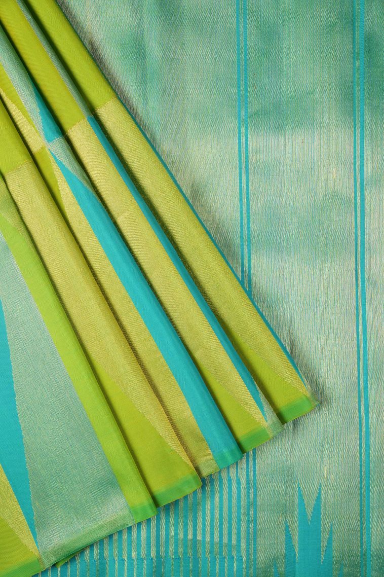 Sky Blue Kanchipuram Silk Sarees with Gold And Silver Zari Geometric Shapes view 1