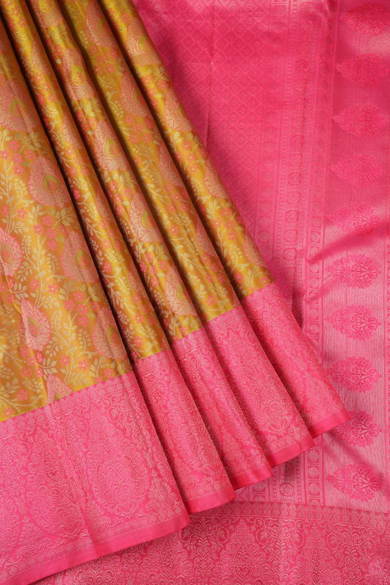 Honey Orange Kanchipuram Silk Sarees with Silver Zari Floral Patterns view 1