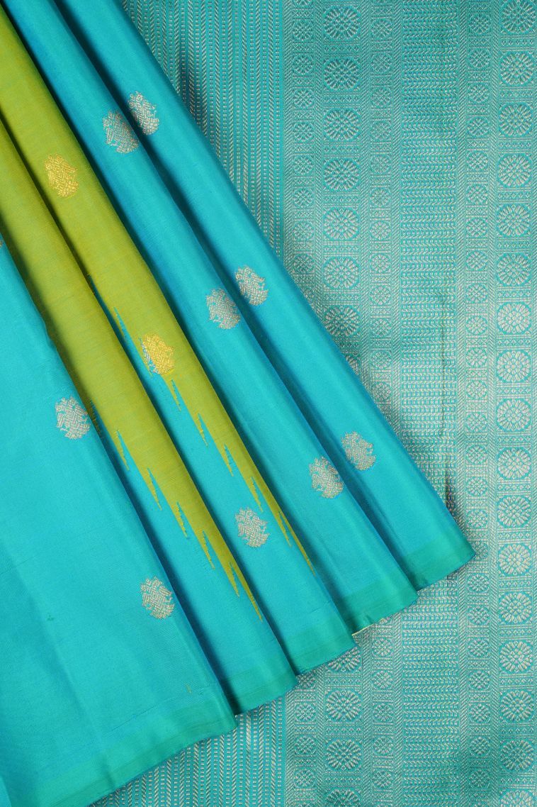 Cerulean Blue Kanchipuram Silk Sarees with Gold Zari Geometric Shapes view 1