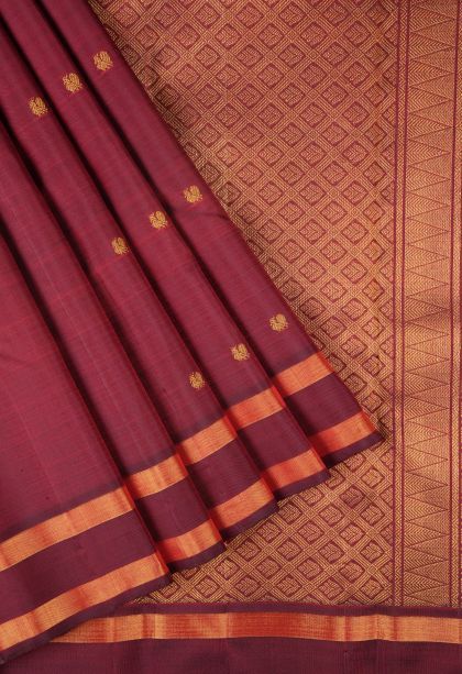 Cherry  Red Kanchipuram Silk Sarees with Gold Zari Buttis (small Dots Or Motifs)