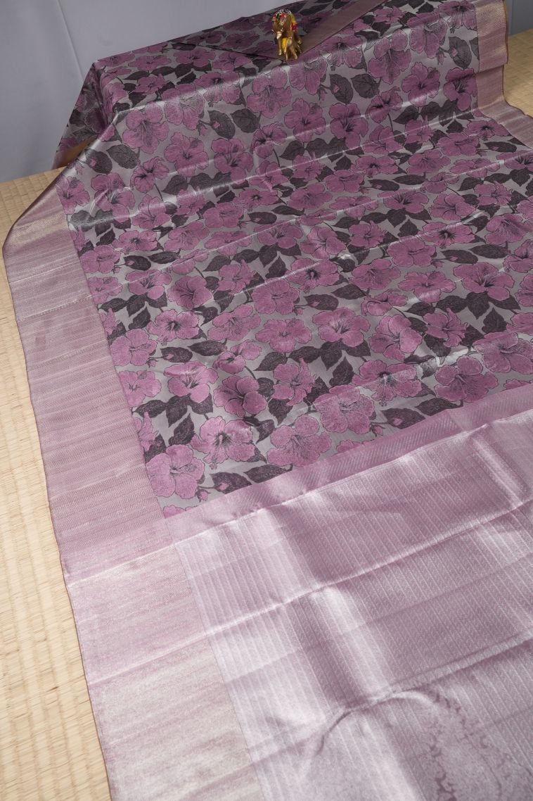 Gray Black Kanchipuram Silk Sarees with Silver Zari Floral Patterns view 2