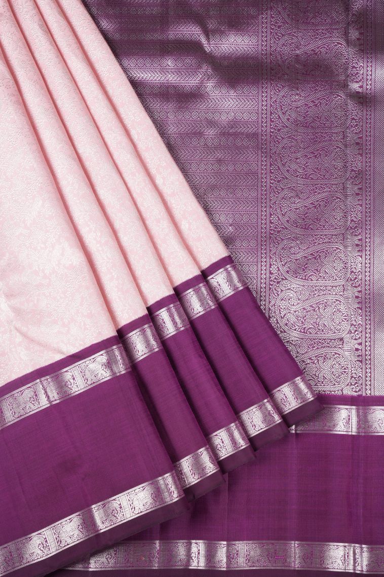 Blush Pink Kanchipuram Silk Sarees with Silver Zari Floral Patterns view 1