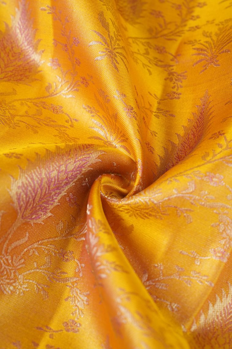 Merigold Orange Kanchipuram Silk Sarees with Gold Zari Floral Patterns view 4