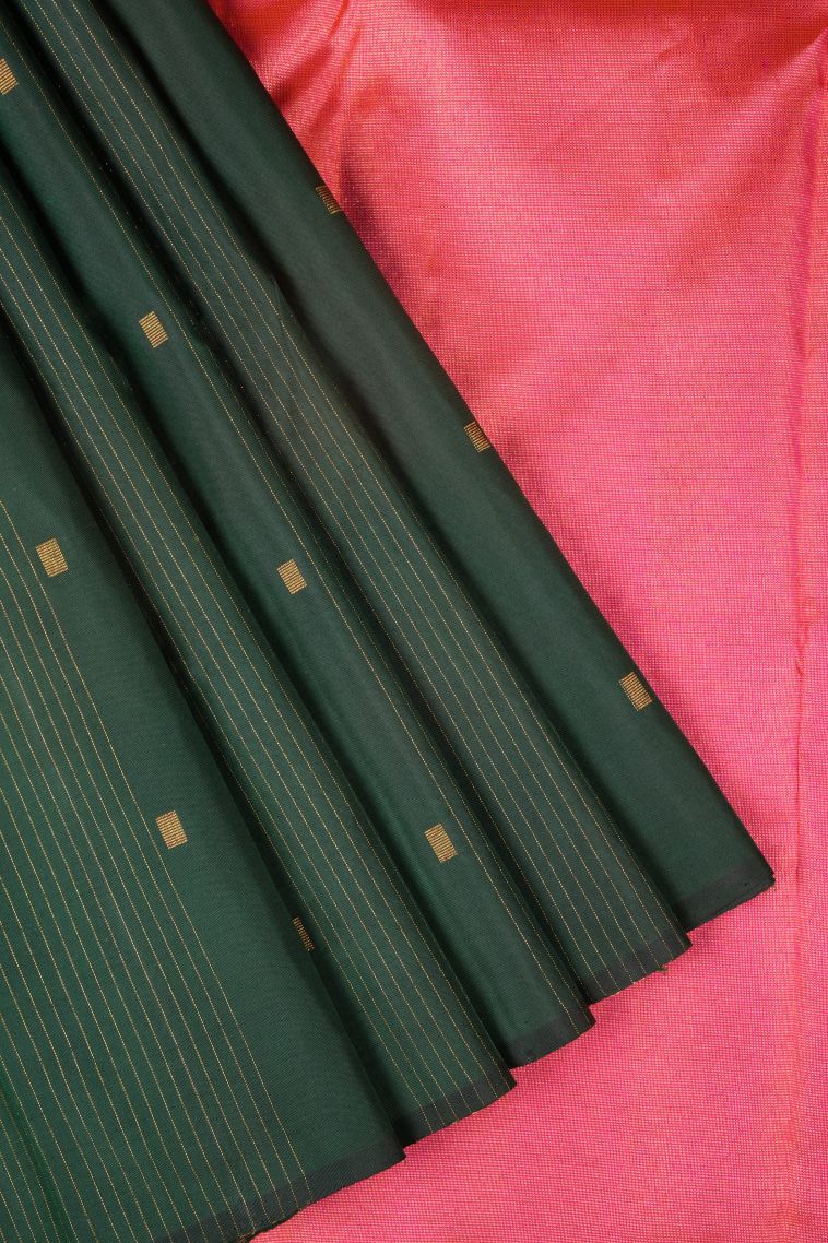 Basil Green Kanchipuram Silk Sarees with Gold Zari Stripes view 1