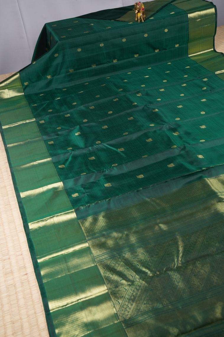 Bottle Green Kanchipuram Silk Sarees with Gold Zari Peacock Motifs view 2
