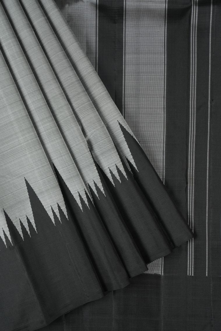 Gray Black Kanchipuram Silk Sarees with Without Zari Zari Plain view 1