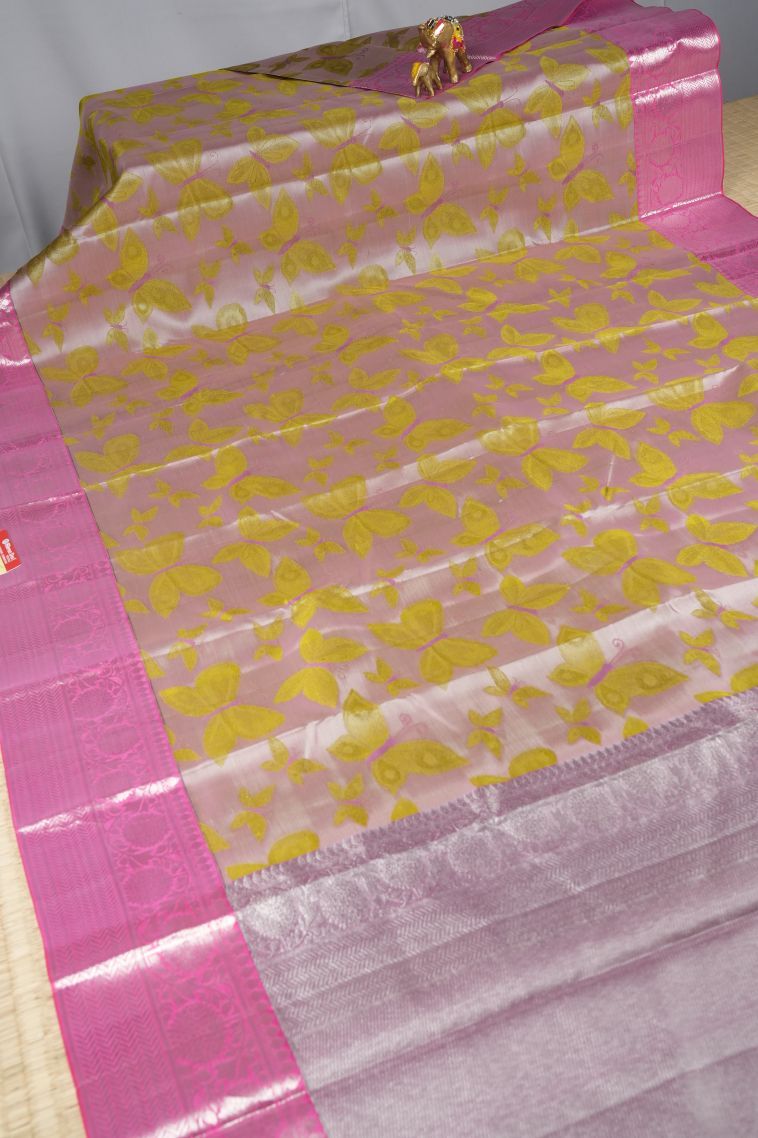 Crepe Pink Kanchipuram Silk Sarees with Without Zari Zari Floral Patterns view 2