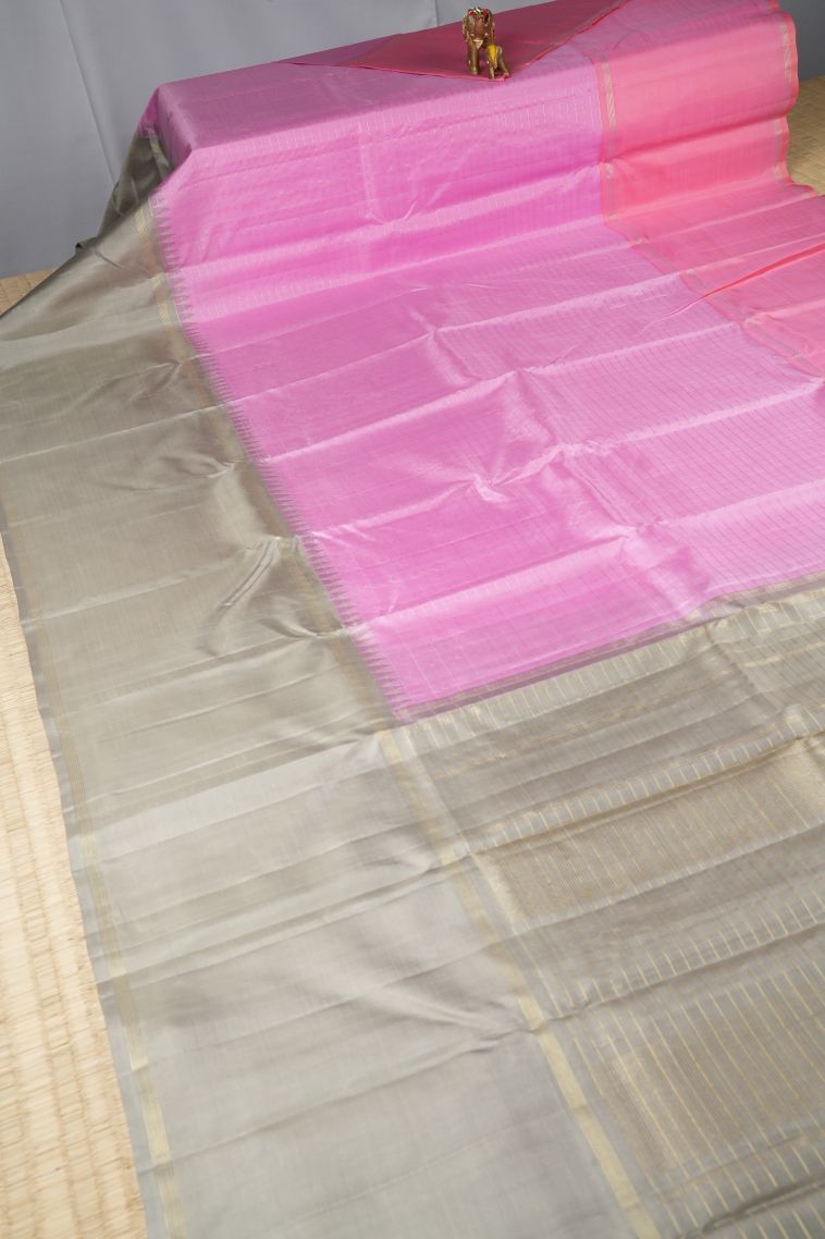 Taffy Pink Kanchipuram Silk Sarees with Gold Zari Checks view 2