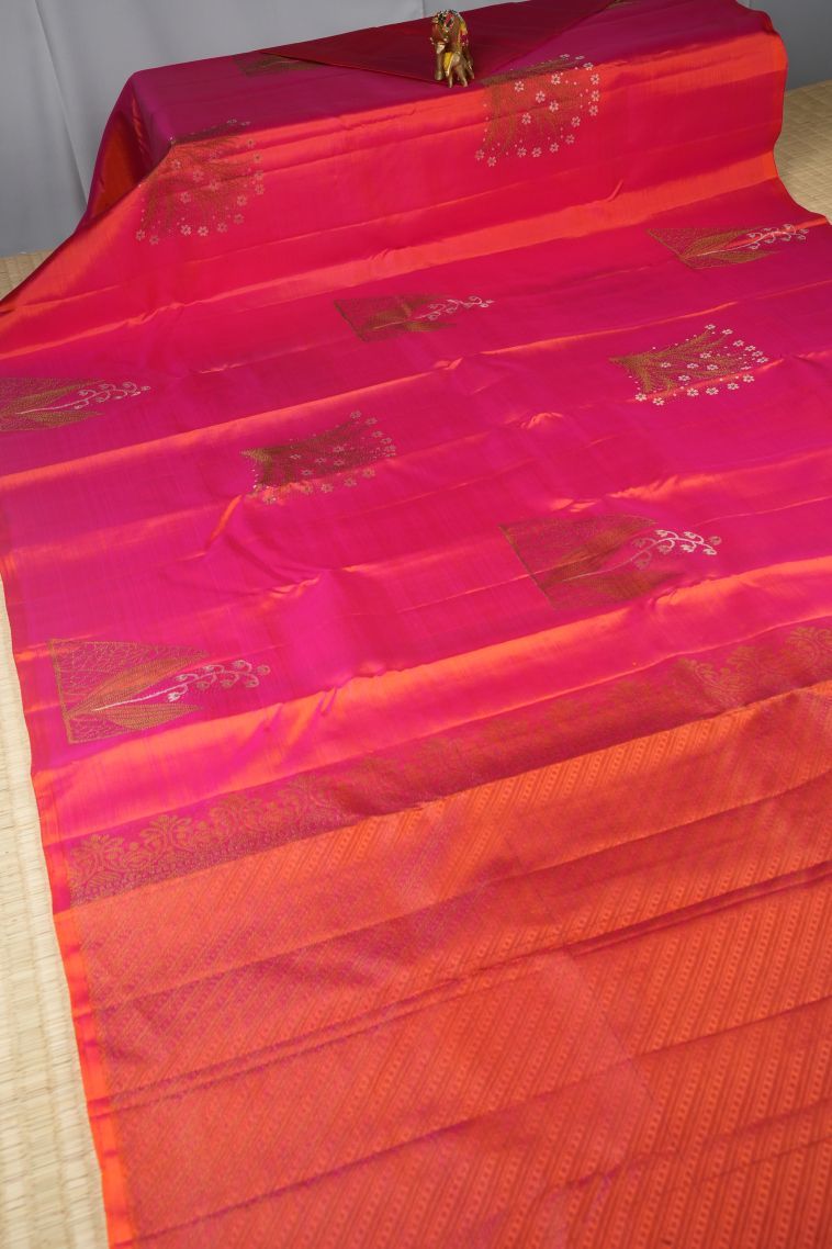 Strawberry Pink Kanchipuram Silk Sarees with Gold Zari Floral Patterns view 2