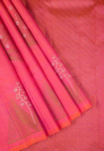 Strawberry Pink Kanchipuram Silk Sarees with Gold Zari Floral Patterns