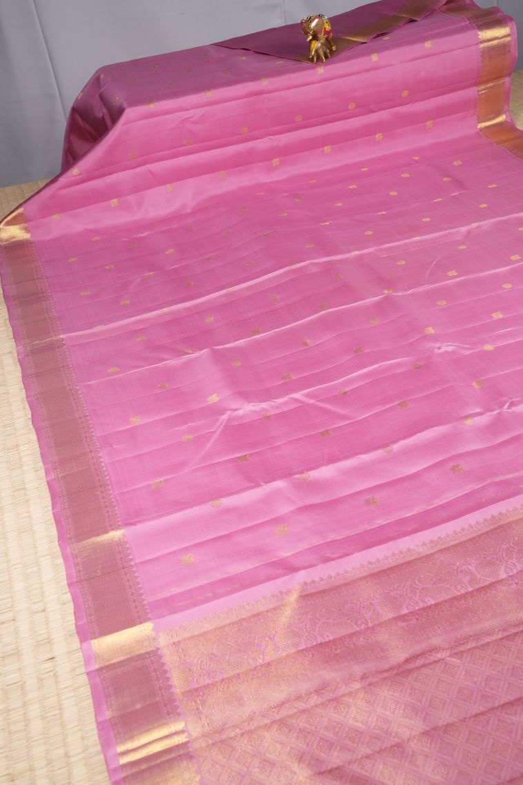 Lean Pink Kanchipuram Silk Sarees with Gold Zari Peacock Motifs view 2
