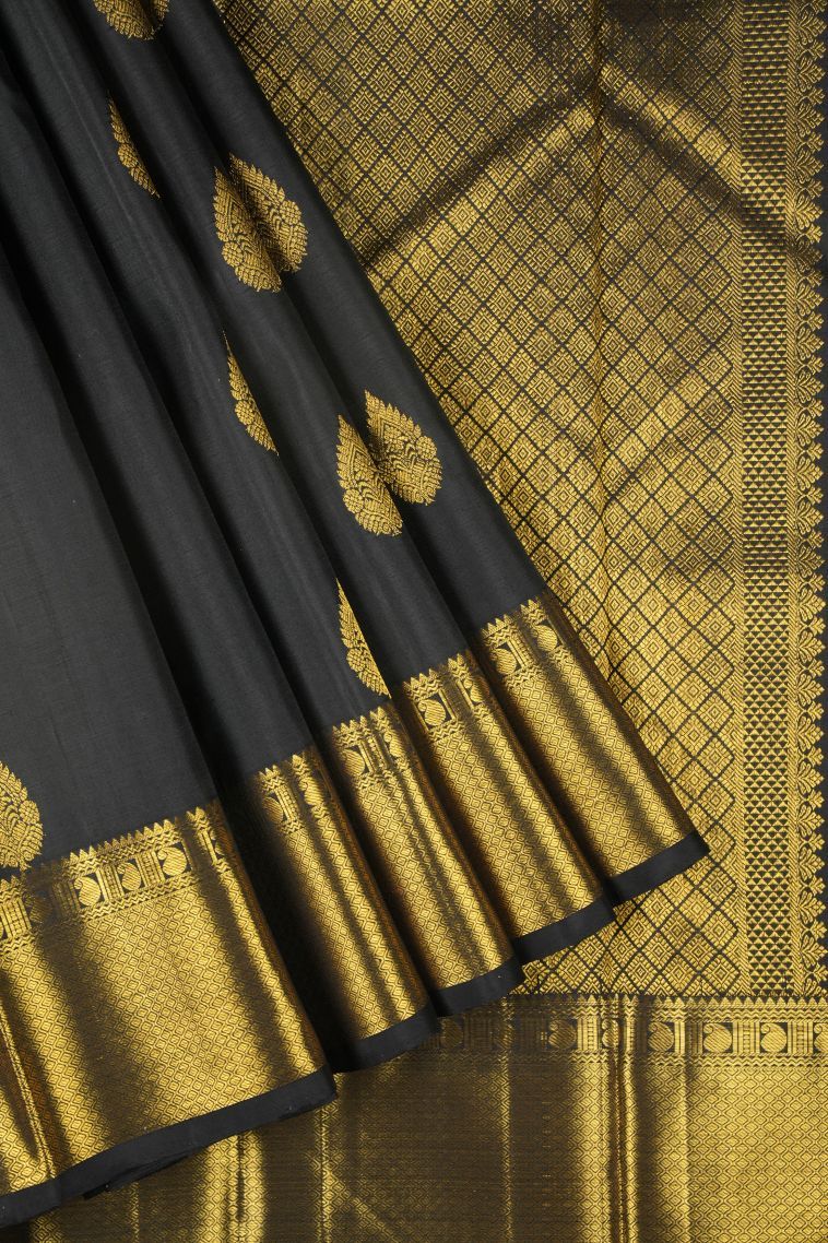 Rock Black Kanchipuram Silk Sarees with Gold Zari Buttis (small Dots Or Motifs) view 1