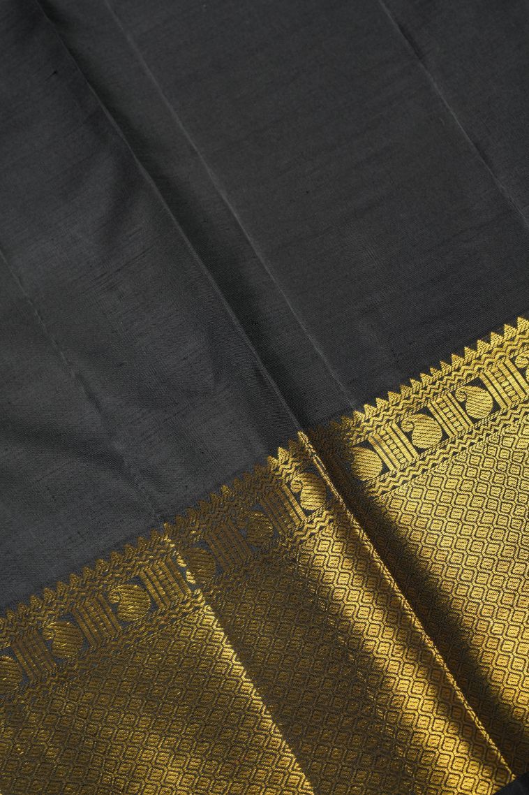 Rock Black Kanchipuram Silk Sarees with Gold Zari Buttis (small Dots Or Motifs) view 3