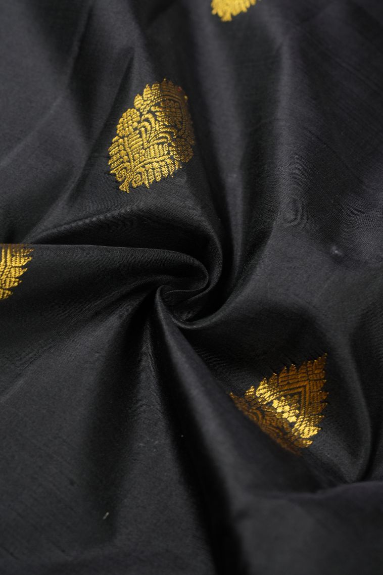 Rock Black Kanchipuram Silk Sarees with Gold Zari Buttis (small Dots Or Motifs) view 4