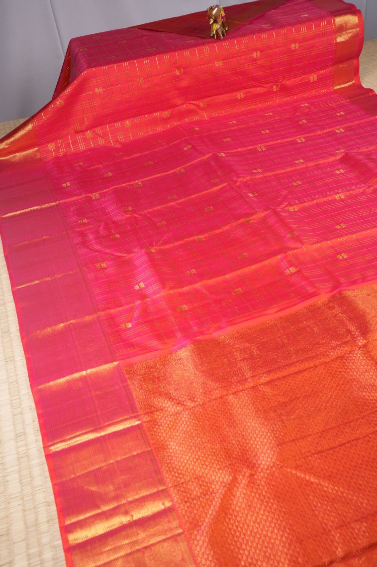 Punch Pink Kanchipuram Silk Sarees with Gold Zari Checks view 2