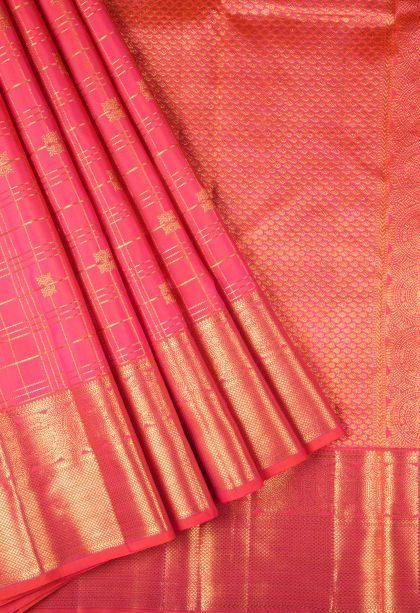 Punch Pink Kanchipuram Silk Sarees with Gold Zari Checks