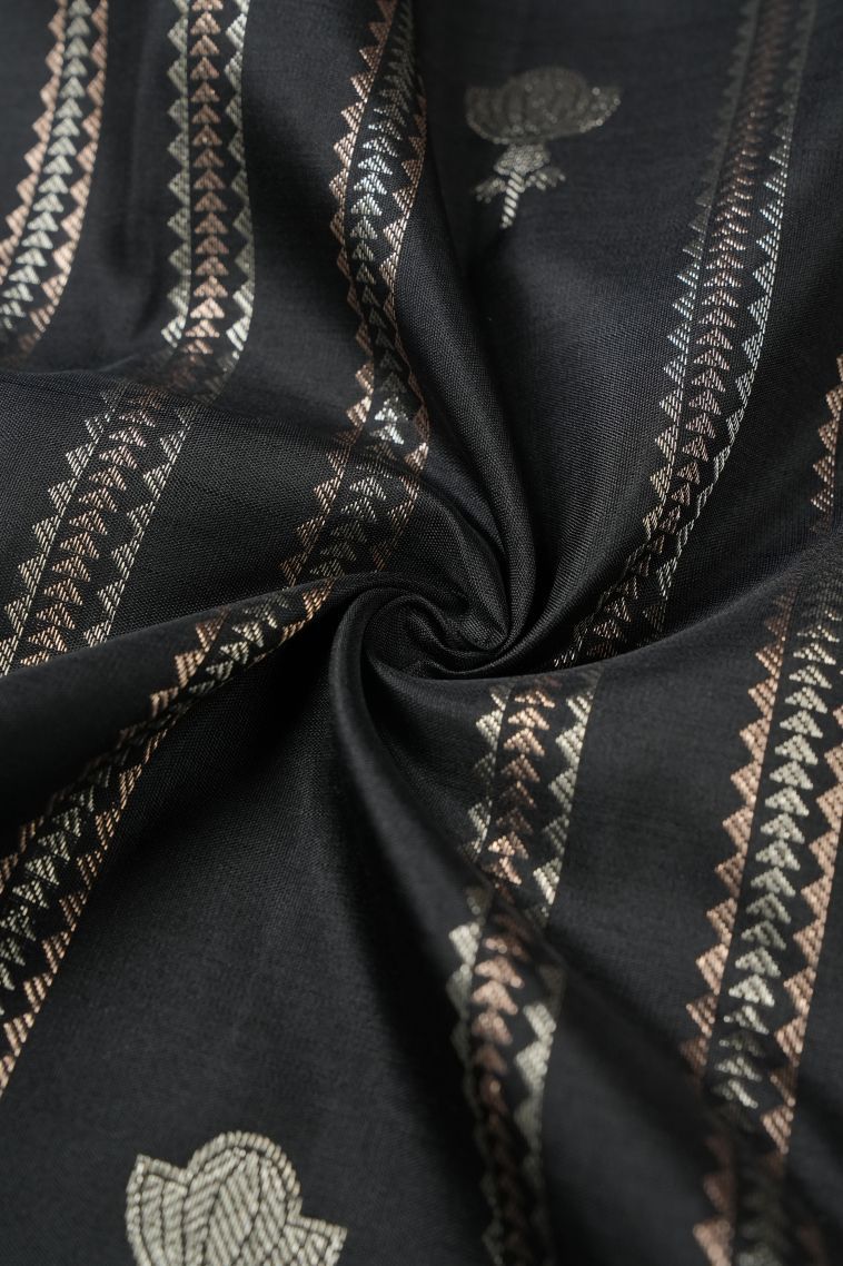 Rock Black Kanchipuram Silk Sarees with Gold And Silver Zari Stripes view 4