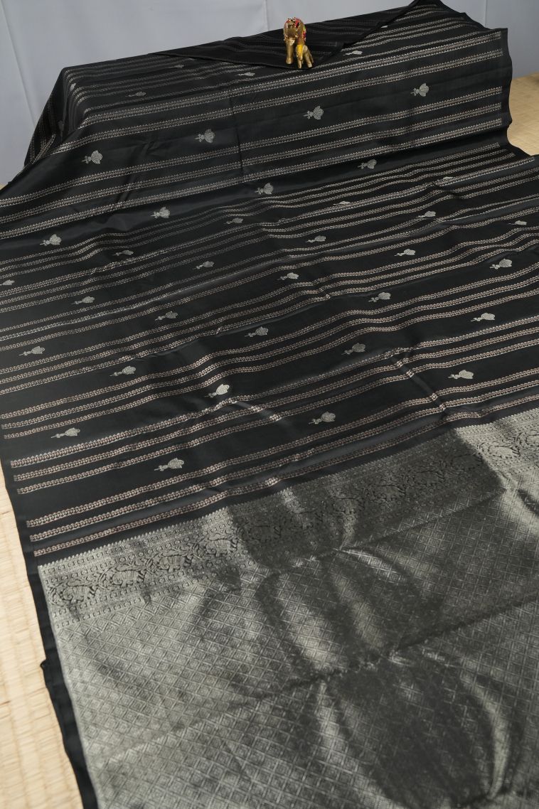 Rock Black Kanchipuram Silk Sarees with Gold And Silver Zari Stripes view 2