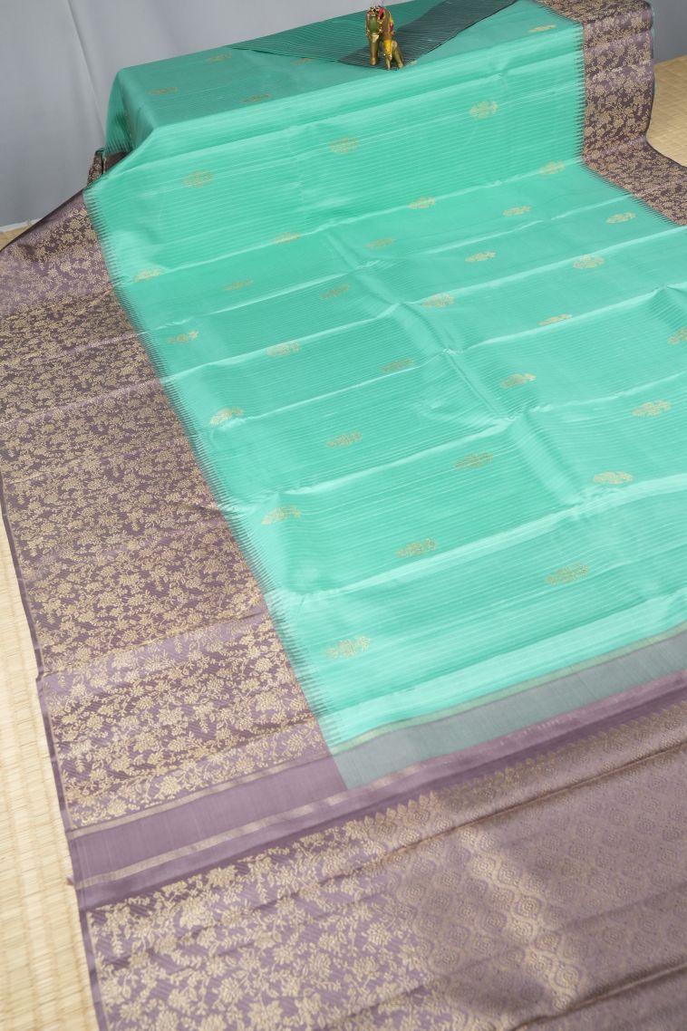 Sky Blue Kanchipuram Silk Sarees with Gold Zari Peacock Motifs view 2