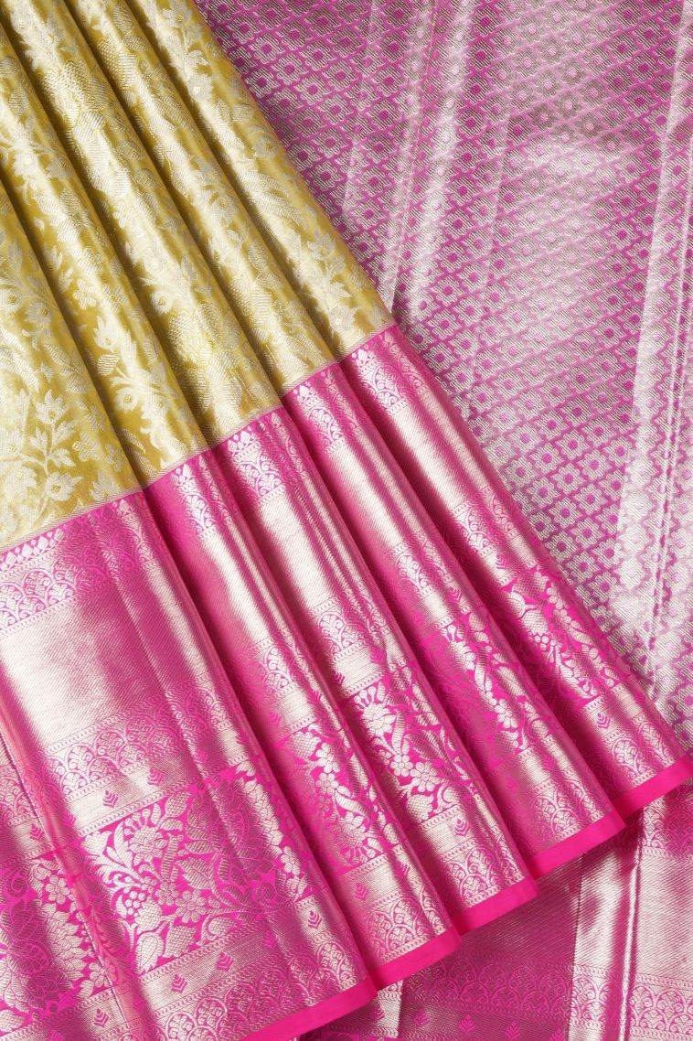 Sand Yellow Kanchipuram Silk Sarees with Silver Zari Floral Patterns view 1
