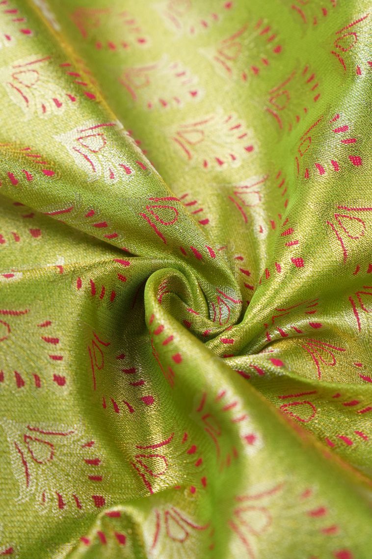 Lime Green Visiri Madippu Silk Sarees with Gold Zari Floral Patterns view 4