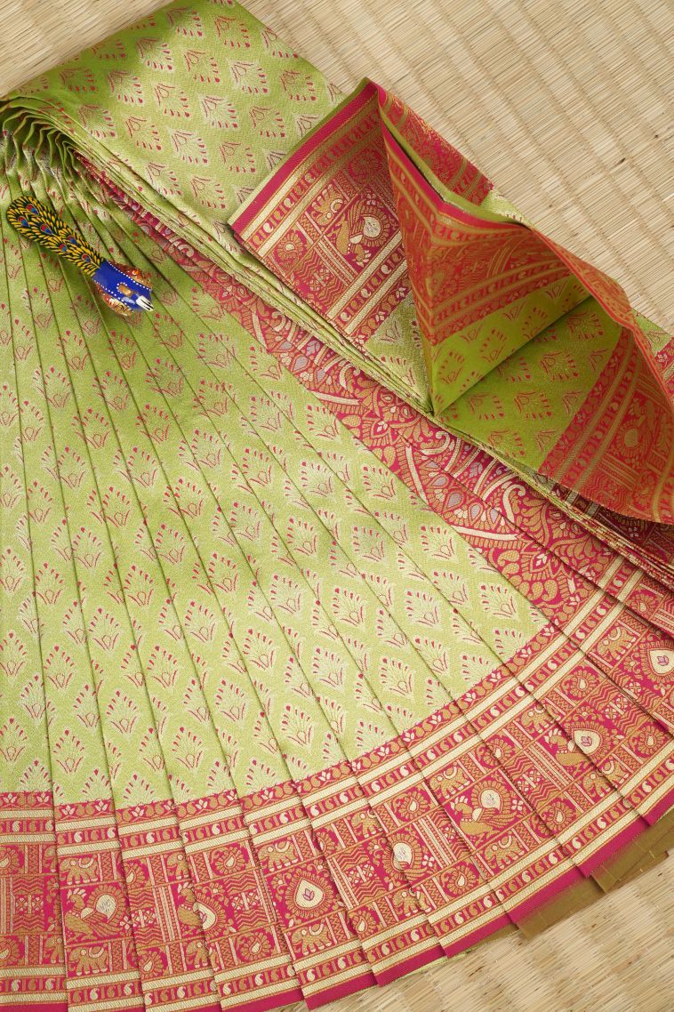 Lime Green Visiri Madippu Silk Sarees with Gold Zari Floral Patterns view 1