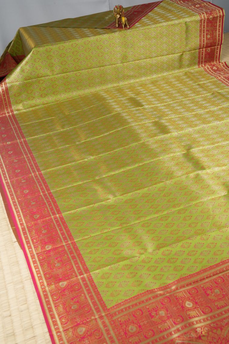 Lime Green Visiri Madippu Silk Sarees with Gold Zari Floral Patterns view 2