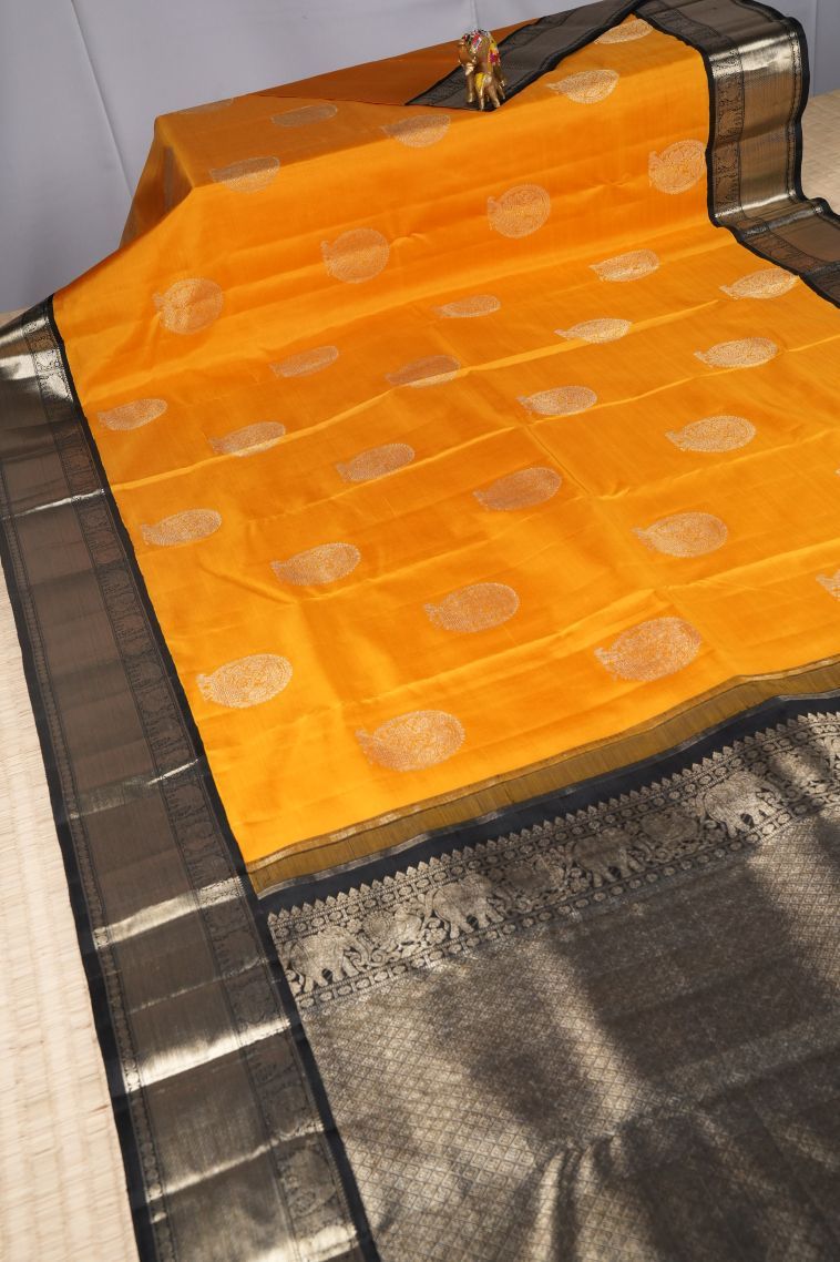 Honey Orange Kanchipuram Silk Sarees with Gold Zari Peacock Motifs view 2