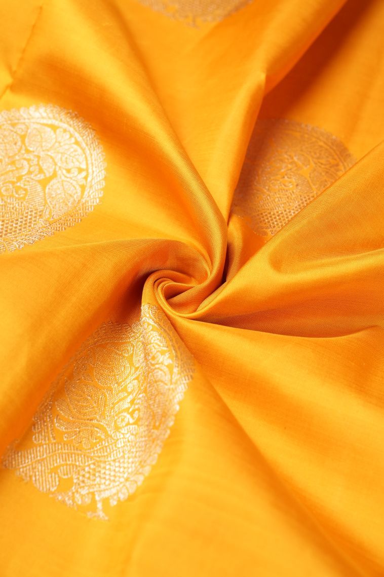 Honey Orange Kanchipuram Silk Sarees with Gold Zari Peacock Motifs view 4