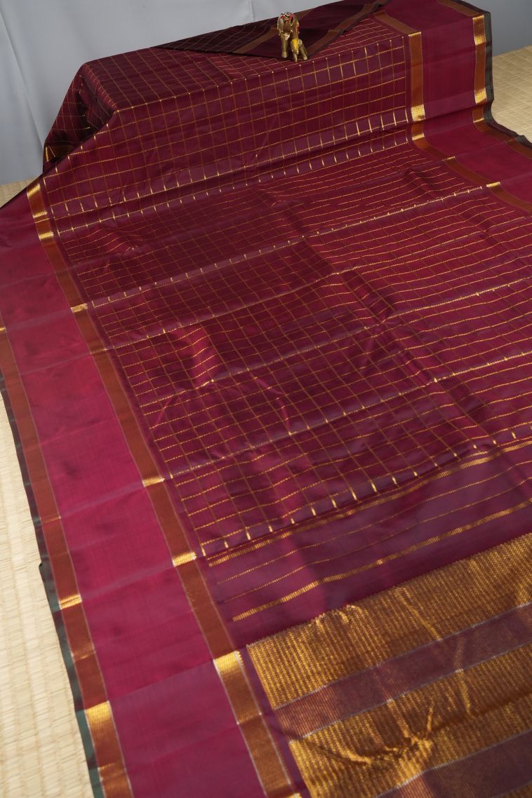 Cherry  Red Kanchipuram Silk Sarees with Gold Zari Checks view 2