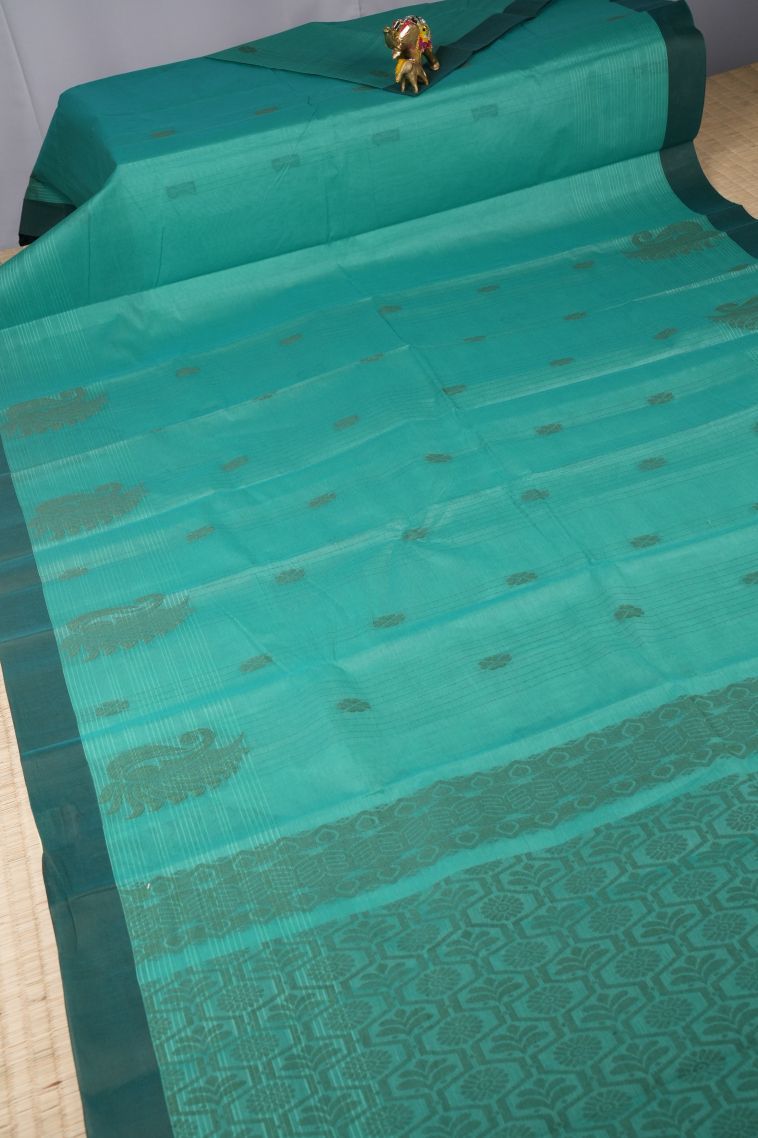Teal Blue Kanchi Cotton Sarees with Without Zari Zari Stripes view 2