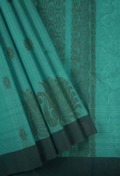 Teal Blue Kanchi Cotton Sarees with Without Zari Zari Stripes