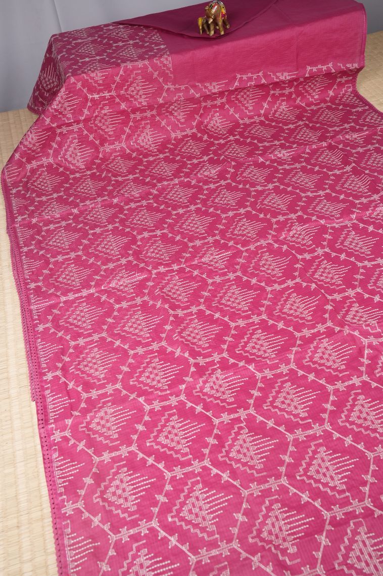 Fuscia Pink Tussar Saree with Without Zari Zari Floral Patterns view 2
