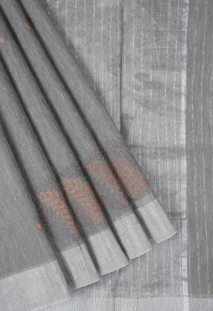 Gray Black Tussar Saree with Without Zari Zari Buttis (small Dots Or Motifs)