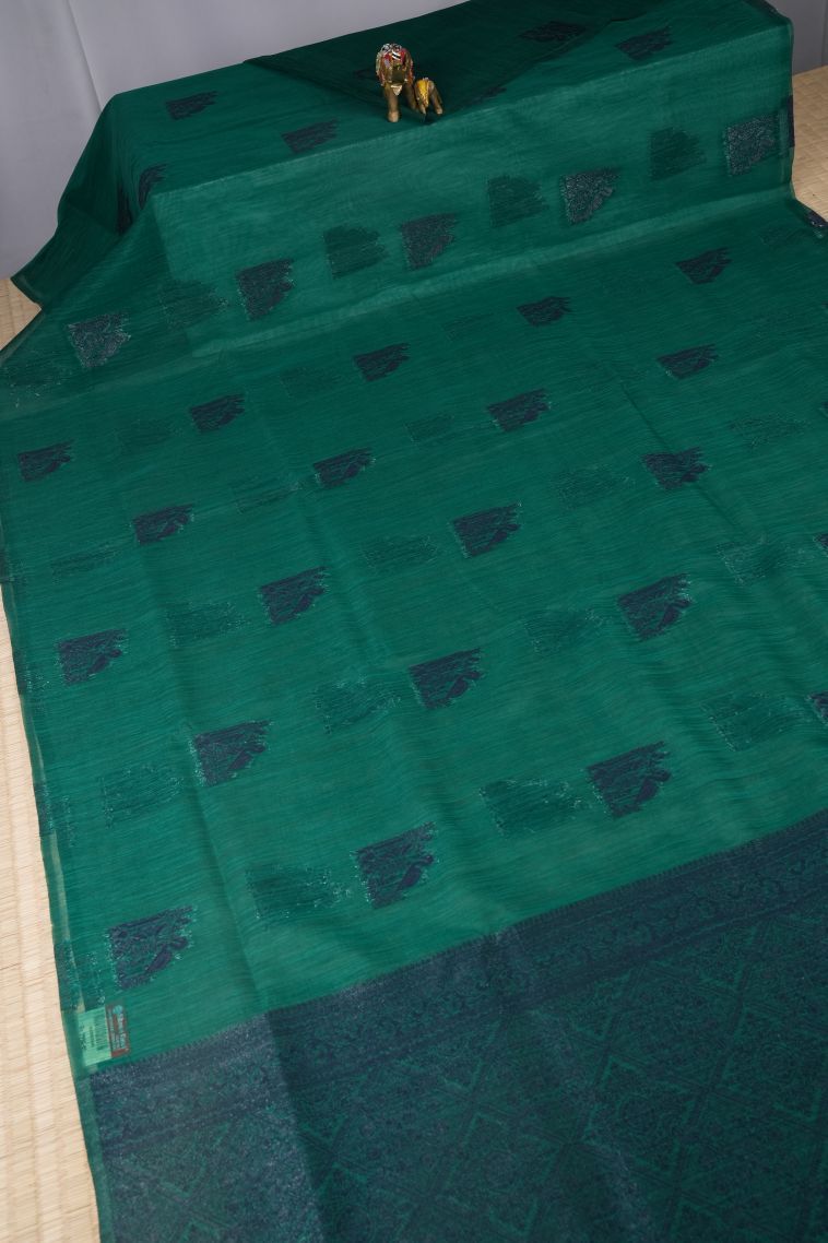 Ocean Blue Tussar Saree with Bronze Zari Buttis (small Dots Or Motifs) view 2