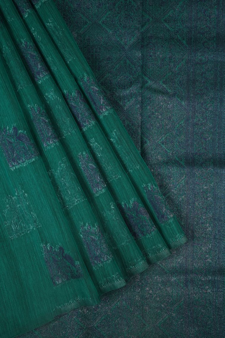 Ocean Blue Tussar Saree with Bronze Zari Buttis (small Dots Or Motifs) view 1